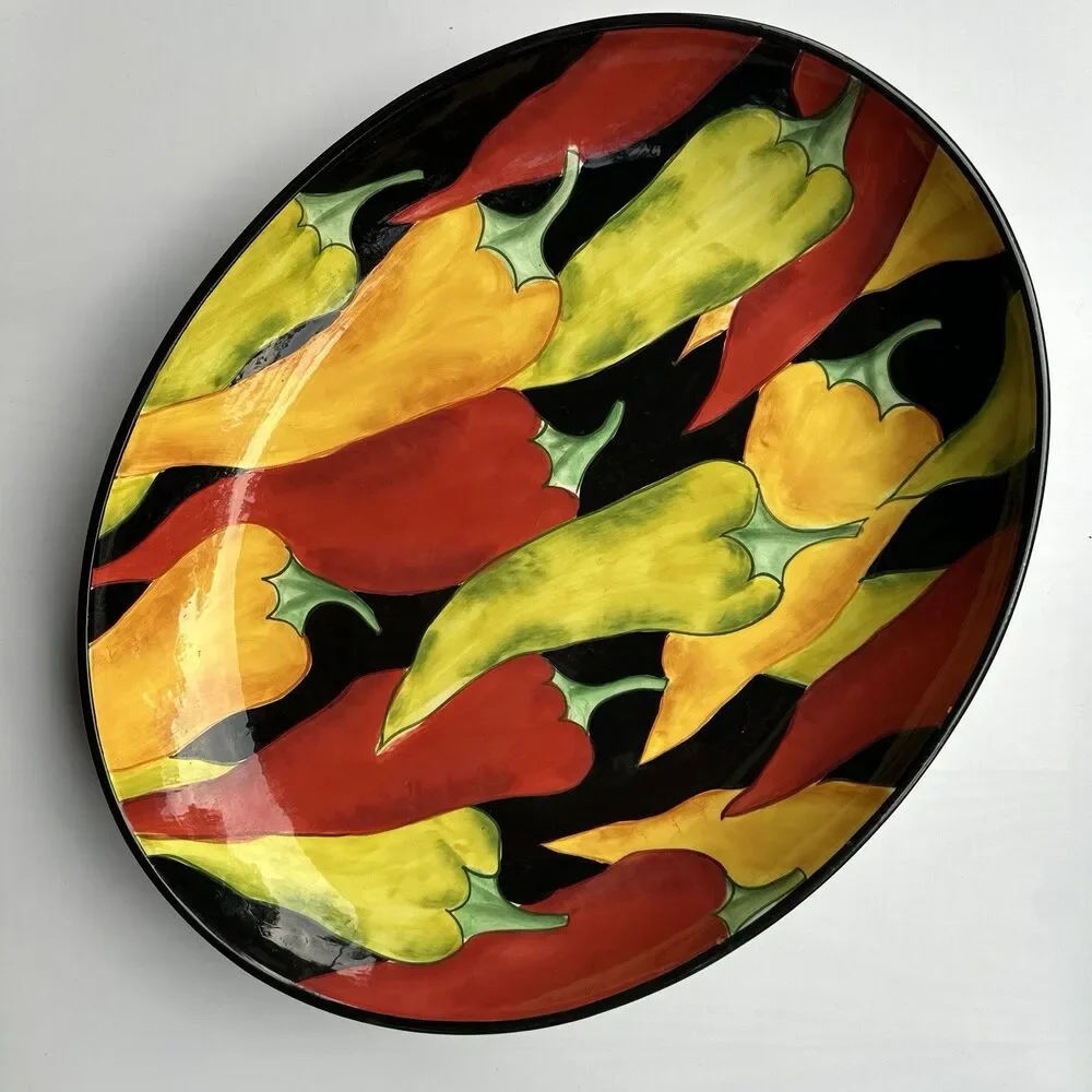Clay Art Caliente Chili Pepper 17” Platter Hand Painted Stonelite Serving Tray